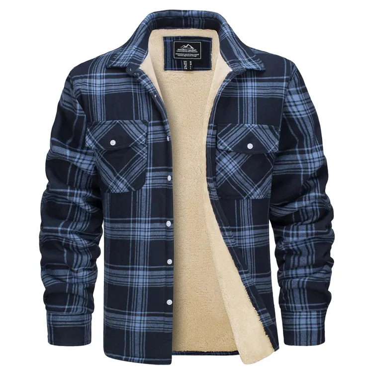 Men Winter Flannel Fleece Lining Wind Breaker Jacket Casual Plaid Button Cargo Work Thicken Coat and Outwear