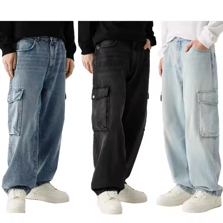Gingtto Side Pocket Straight Jeans Cargo Stacked Super Baggy Jeans for Men