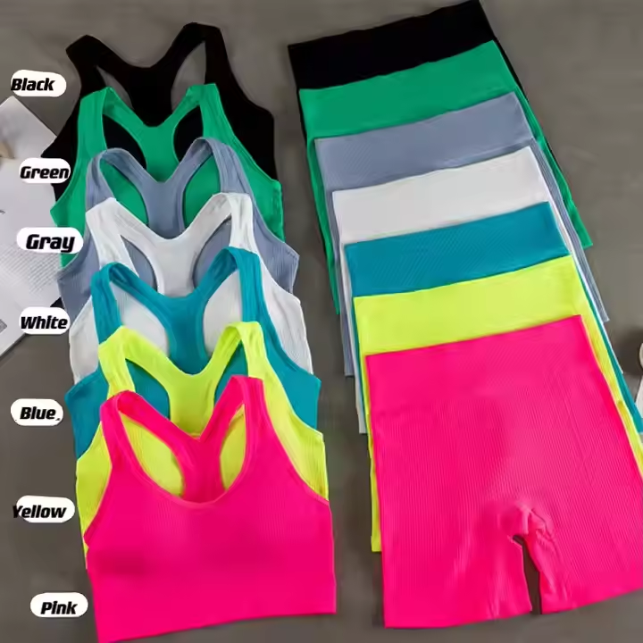 New Design Workout Clothes Athletic Wear Women Sports Crop Tube Top Pants Shorts Legging Seamless Bra Set