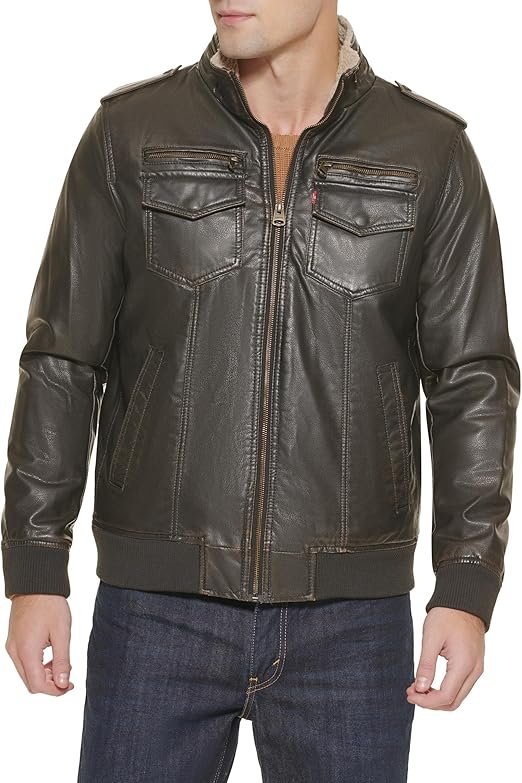 Levi's Mens Faux Leather Aviator Bomber Jacket Dark Brown-Sherpa Lined